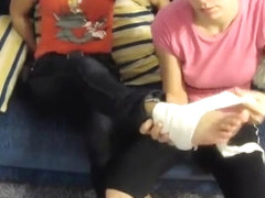 2 Girls with 3 Injured Feet Wrapped in Bandage and Wearing Flats