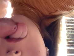 Sexy babe makes a messy blowjob facial selfie