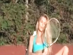 Sex goddess Sasha teasing quim with a tennis racket