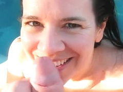 Piss Whore receives golden shower in her mouth in a pool